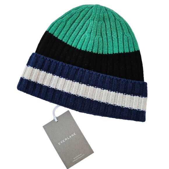 Everlane The Cashmere Beanie Navy Green Multi Stripes Unisex - Picture 1 of 10